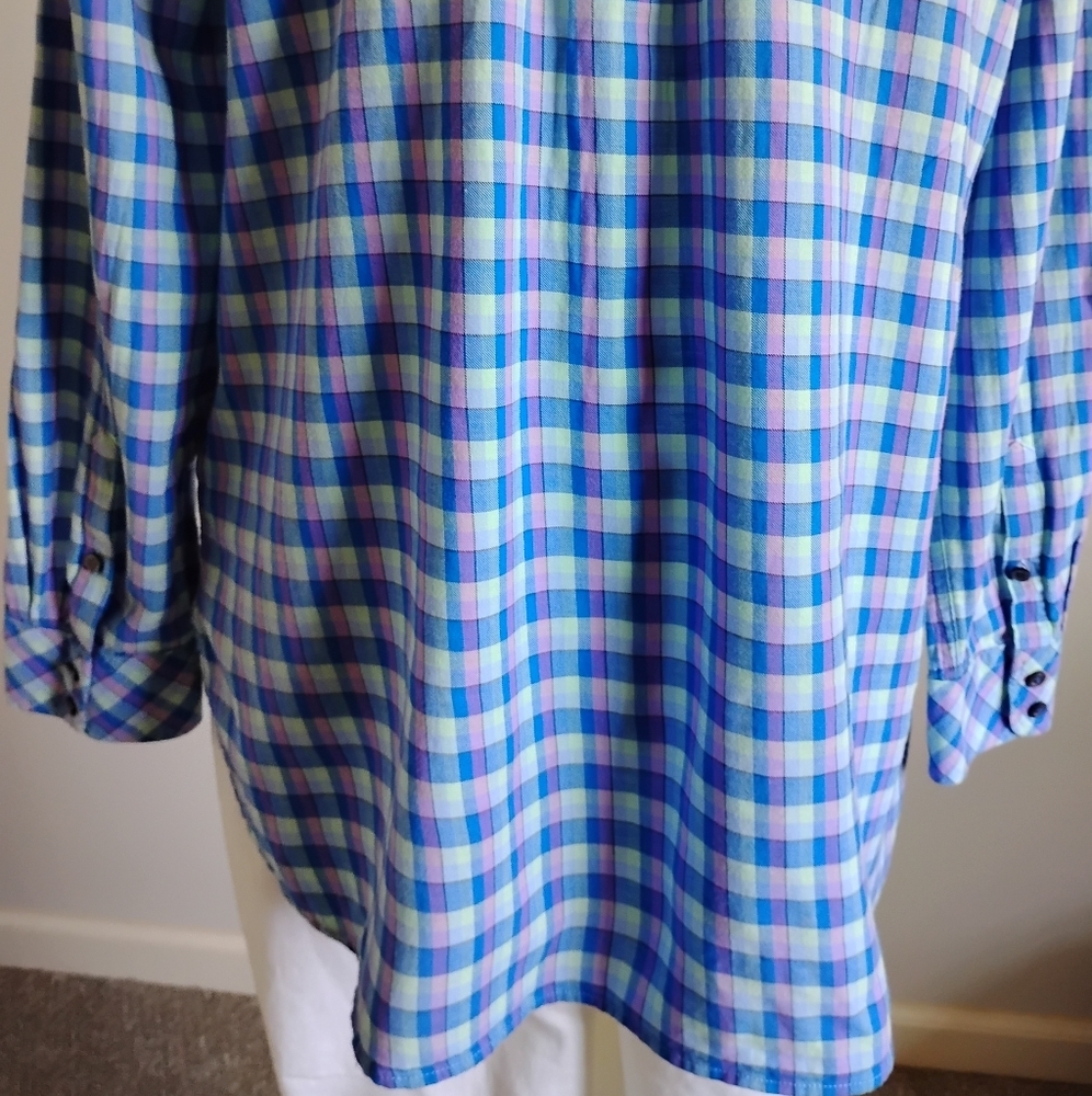 Talbots 100% Cotton Plaid Button Up Shirt Blue Purple Colorful Classic Sz Large - Picture 10 of 15